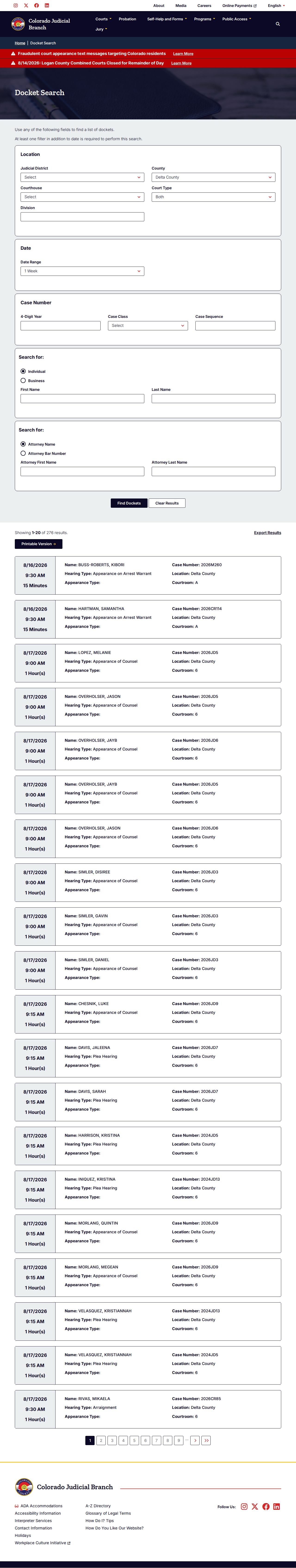 Delta County court docket rows and hearing filters