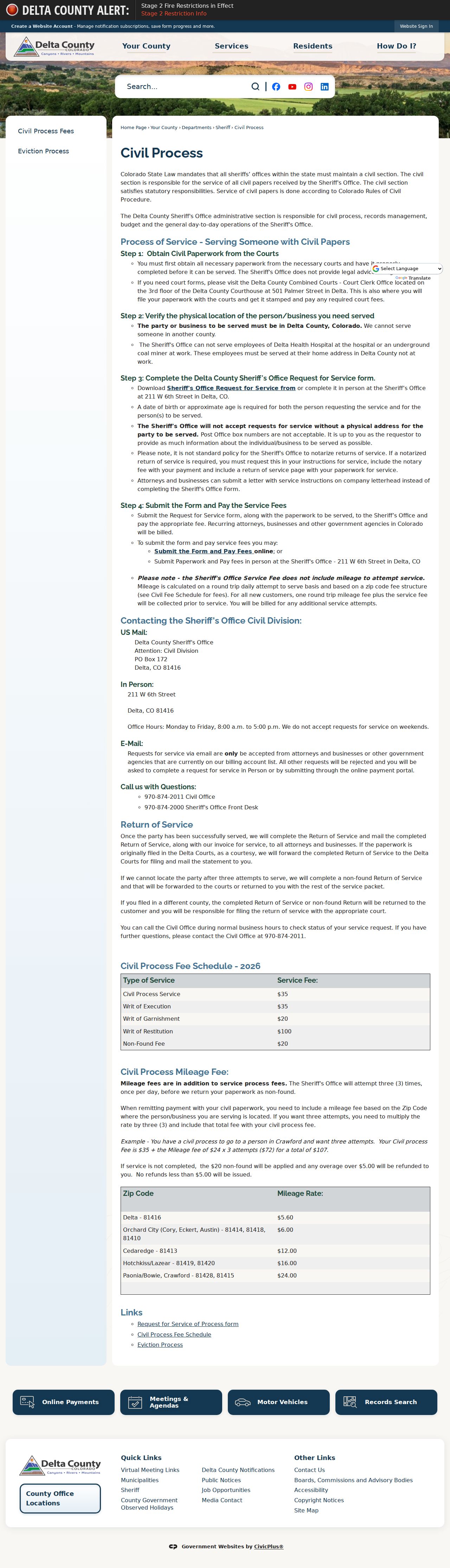Delta County civil court docket sheriff service and clerk filing instructions