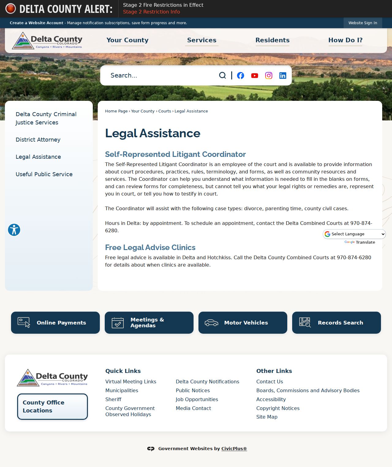 Delta County civil court docket self-represented litigant assistance