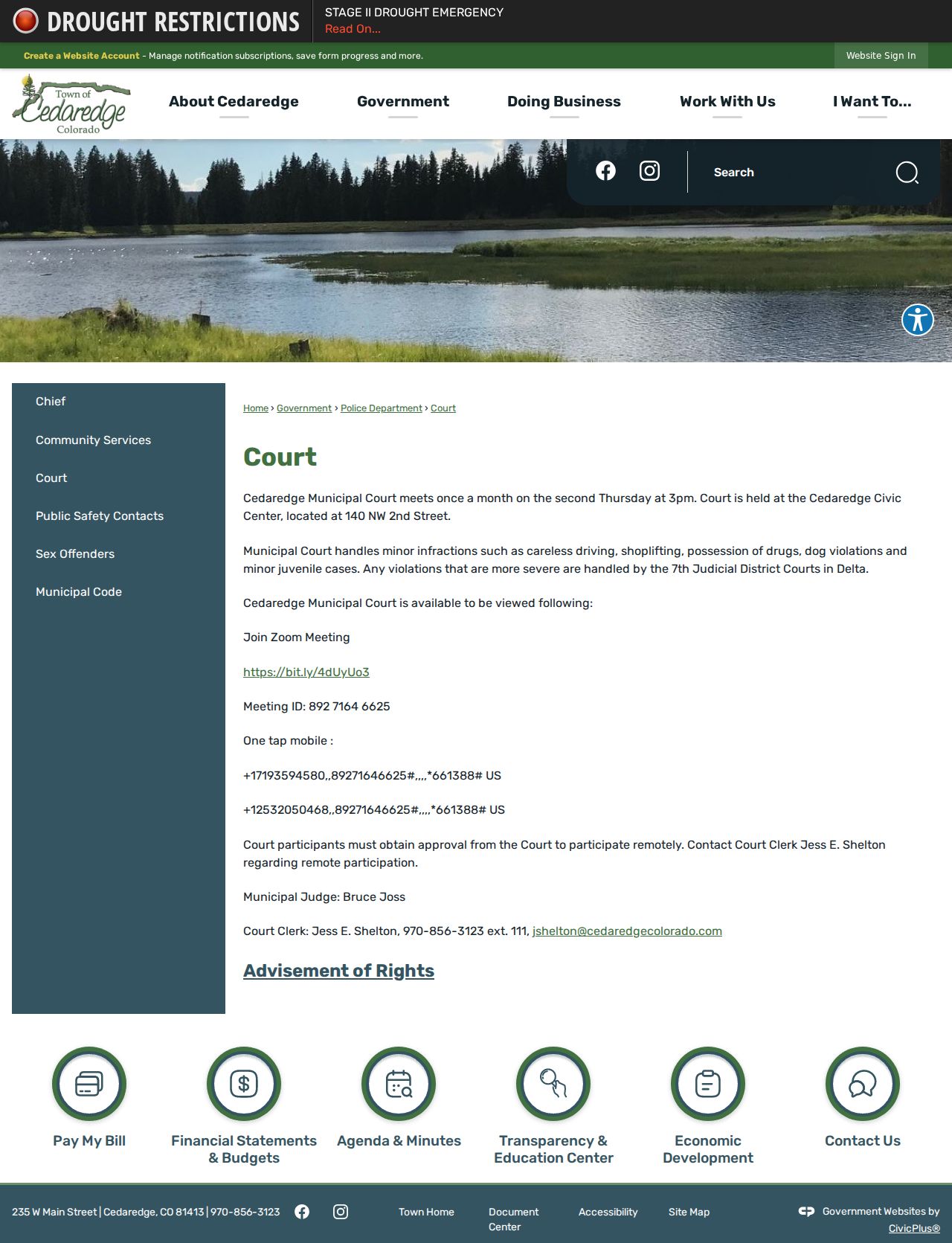 Cedaredge court records source showing municipal court details
