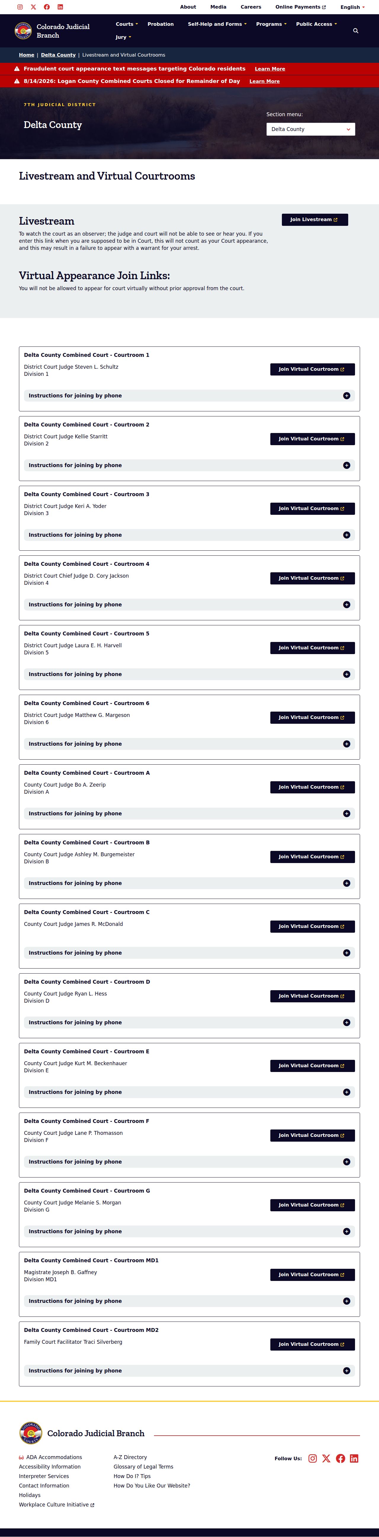 Delta County court schedule virtual courtroom directory