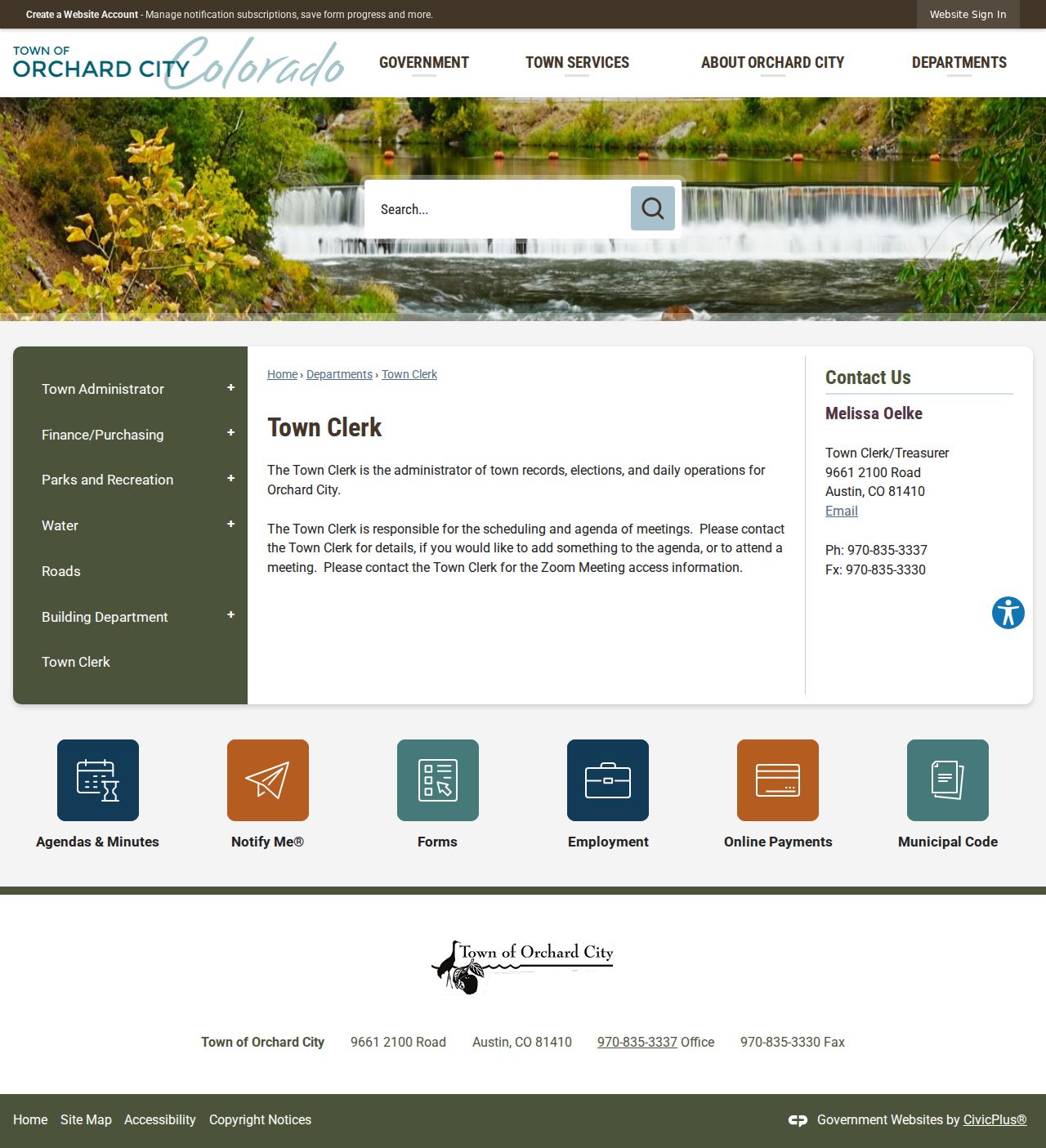 Orchard City court records fallback on the official Town Clerk page
